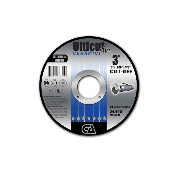 Continental Abrasives 3" x .040" x 3/8" Ceramic Ulticut Plus T1 Double Reinforced Cut-Off Wheel for Stainless and Steel AC3-10300251 - main